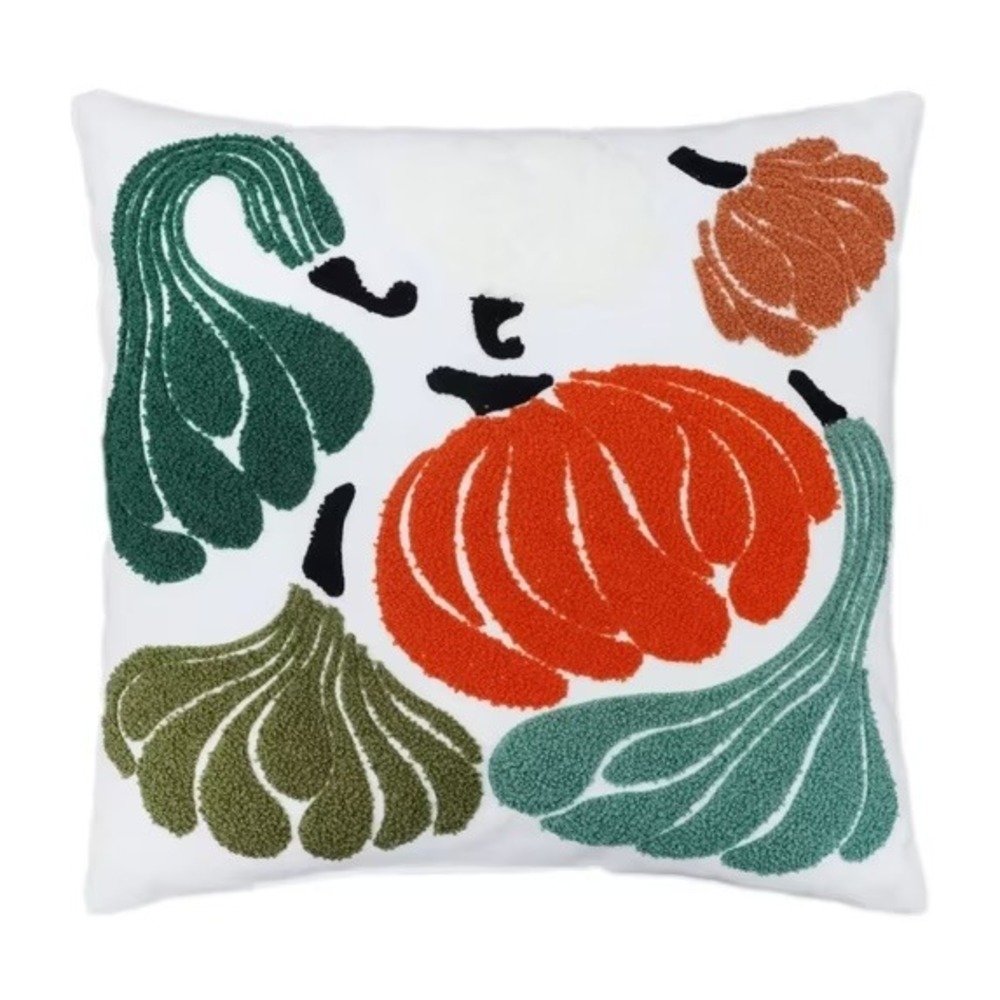 Embroidered Gourds Throw Pillow 14x14 Thanksgiving Fall Tufted Cream Decor New